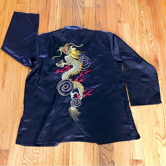 Chinese Oriental Brand Vintage Traditional Embroidered Dragon Satin Suit Size L - Picture 1 of 10